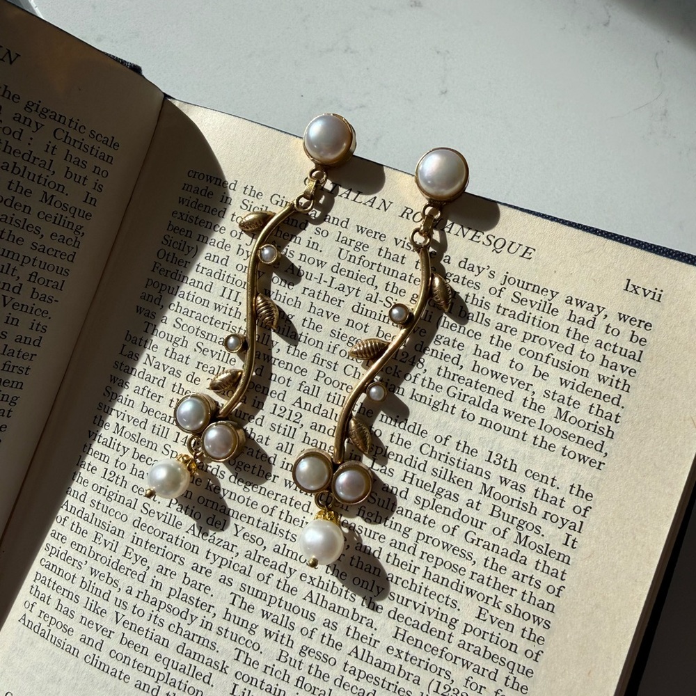 Romantic Gold Vine Pearl Drop Statement Earrings Coquette Bridal Cottagecore